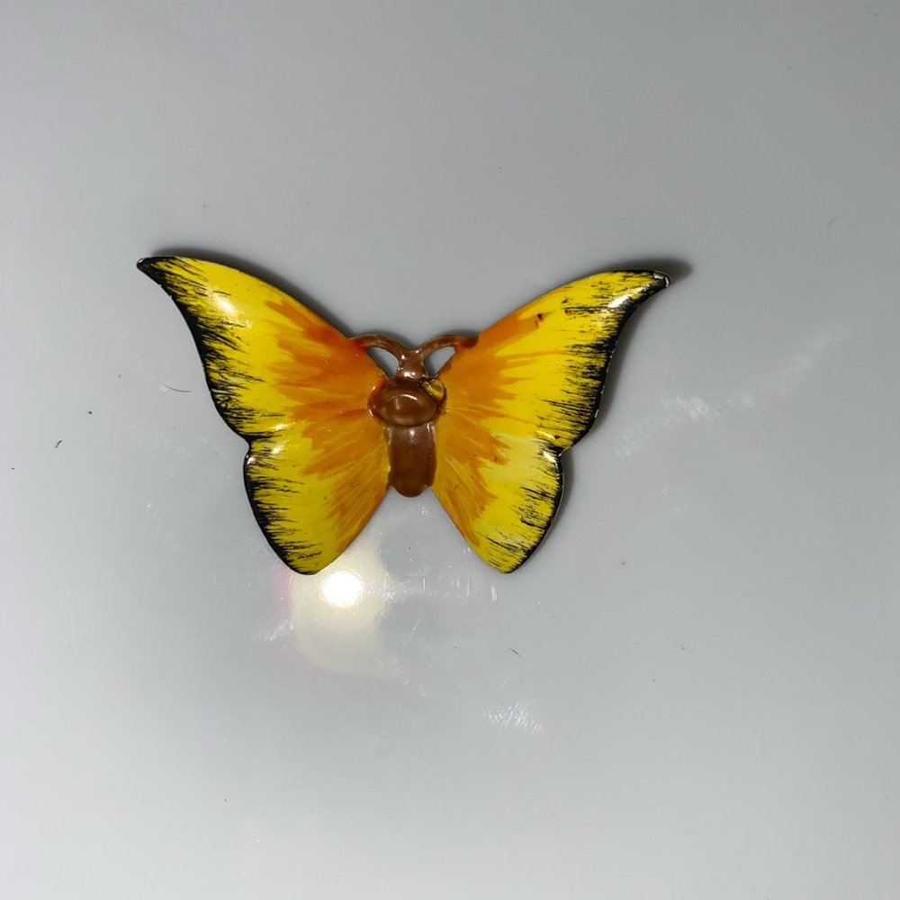 Vintage Butterfly brooch signed Robert orange yellow black enamel